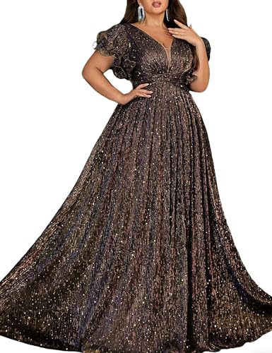 VOUIAO Women Plus Size Formal dresses Wedding Guest Prom Dress Brown 5XL | V Neck,Elegant Summer Chiffon Long Bridesmaid Dress,Glitter Curvy Evening Party Cocktail Mother of the Bride Gala Maxi Gown