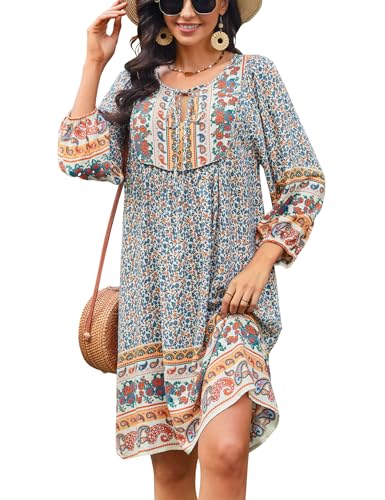 Bluetime Women Casual Summer Dress Boho V Neck 3/4 Sleeve Babydoll Floral Print Flowy Beach Dress (L, Light Apricot)