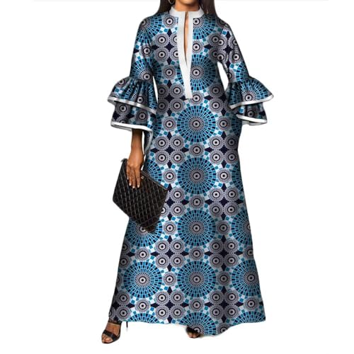 iooiooi Women's Double Layered Bell Sleeve African Maxi Dress Ankara Wedding Party Dress