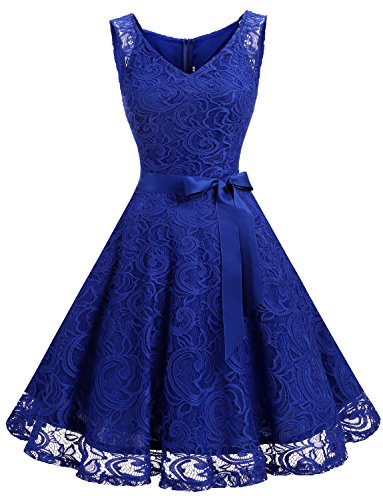 Dressystar Women’s Lace V Neck Short Bridesmaid Cocktail Dress Blue L
