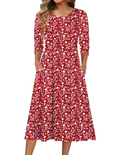 Zeagoo 3/4 Sleeve Round Neck Loose Red Floral Midi Sundress with Pockets | Aline Tiered Dress,Solid Color,Boho Floral,Early Fall Fashion 2026,High Waist Stretch,Loose Swing,Everday,Work,Party