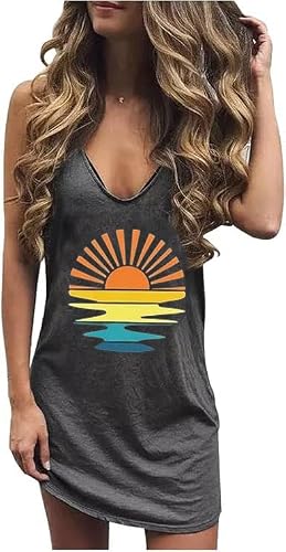 Live Simple Coconut Tree Sleeveless Dress Sunshine Sand Beach Women's Summer Casual V Neck Mini Dress(Large,Dark Grey-09)