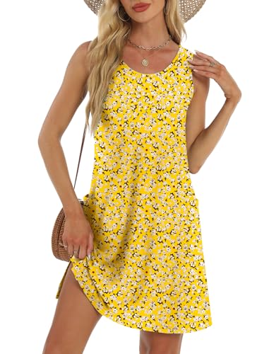 BKRIVE Sundresses for Women 2026 Trendy Summer Casual Spring Swing Sleeveless Tank Dress Floral Yellow White L
