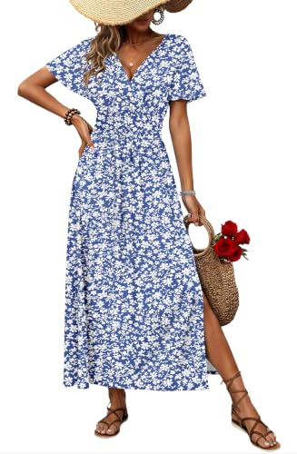 AUSELILY Maxi Dresses V Neck Flutter Sleeve Slit Summer Dress with Pockets