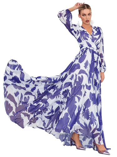 Summer Women's Dresses 2024 Casual Floral Print V Neck Lantern Sleeve Boho Vacation Beach Long Maxi Dress