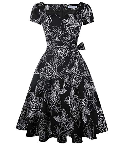 Girstunm 1950s Classic Cocktail Party Swing Dress Black White Flower XS | A-Line Retro Dress, Short sleeve Dress with Pockets, Vintage Dress, For Wedding Guest, Birthday/Tea Party, Formal Occasion