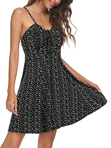 Missufe Spaghetti Strap Floral Mini Dress Women's Casual Ruched Front Drawstring Swing Sundress (Black, Medium)