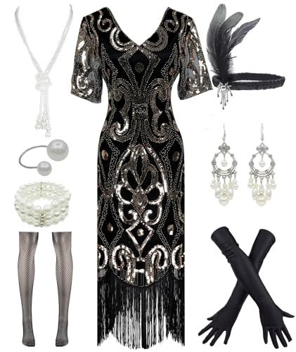 Women 1920s Gatsby Vintage Sequin Flapper Fringe Party Dress with 20s Accessories Set (S, Black Gold)