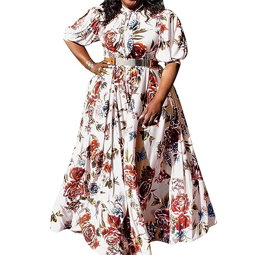 VERWIN Plus Size Floor-Length Print Half Lantern Sleeve Floral Women's Maxi Dress Expansion Dress XXXL White