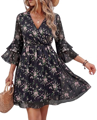 Bebonnie Bridal Shower Dresses for Guest: Womens Bell Sleeve Wrap Neck Floral Graduation Wedding Guest Dress Semi Formal Spring Summer Chiffon Cocktail Tea Party Boho Maxi Short Dresses Multi Black M