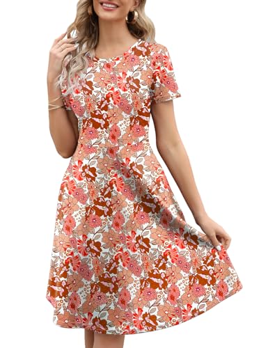 Fit and Flare Dress for Women Summer Casual Office Professional Elegant Work Floral Print Vintage 50s Aline Dresses with Pockets 262 Red Yellow L