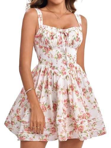HTZMO Women Summer Mini Graduation Homecoming Corset Short Dress PinkFloral | Square Neck A Line Flowy Cute Sundresses, Casual Vacation Party Milkmaid Dresses 2026