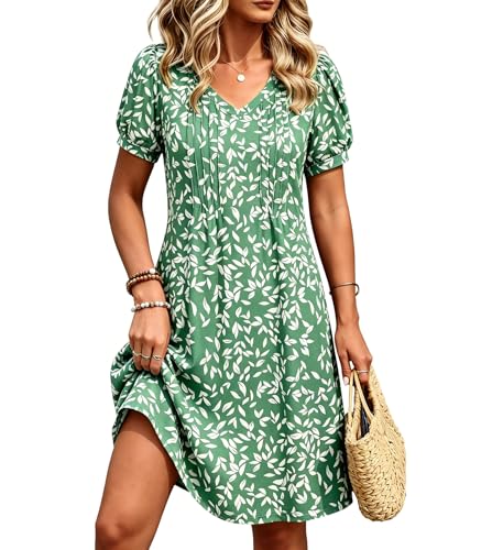 Bluetime Dresses for Women 2026 Sundresses Fashion Clothing Summer Casual Business Elegant Classy Work Clothes Vacation Dress(Green Leaves,Large)
