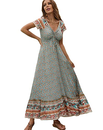 Women's Floral Boho Maxi Dress Sumemr Square Neck Short Sleeve A-Line Ruffle Flowy Beach Peasant Dresses