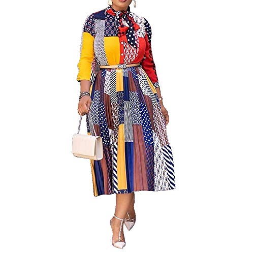 VERWIN Bow Collar Patchwork A-Line Color Block Women's Long Sleeve Dress Midi Dress XL Blue