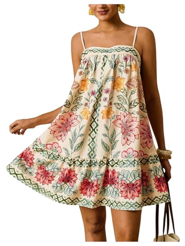 Floerns Women's Plus Size Boho Floral Print Cami Dress Backless Sleeveless Ruffle Mini Dresses Multi Green 3X-Large Plus