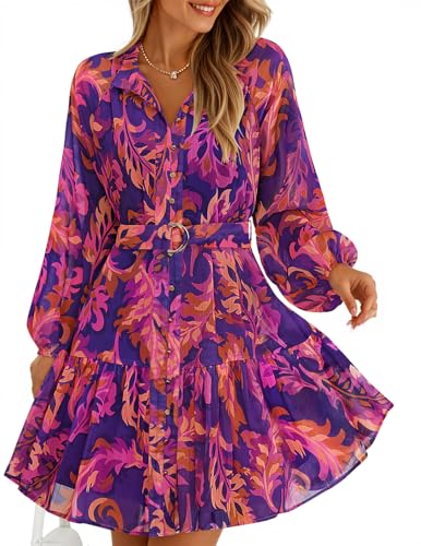 ZESICA Womens 2026 Fall Long Sleeve Floral Mini Dress Purple M | Button Down,Chiffon,Short Dress,A Line Swing Dress,Wedding Guest,Cocktail Party,Holiday,Travel,Casual Dresses,Fashion Clothes