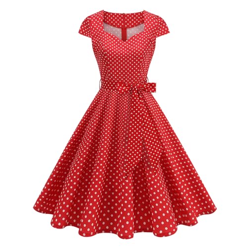 Women's Retro Formal Cocktail Party Dresses 1950s Cap Sleeve Polka Dot Swing Dress with Belt for Wedding Church Red M