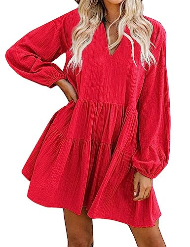 FANCYINN Cute Shift Tunic Dress for Women Long Sleeve Babydoll Split Neckline Juniors Christmas Red Tiered Swing Dresses M