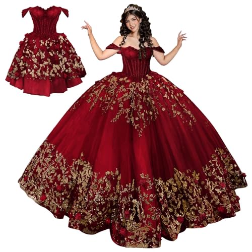 Mauuwy Layered Ball Gown Burgundy&Gold Appliques Vestidos De 15 Anos