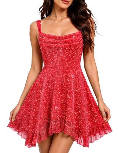 DRESSTELLS Sparkly Short Cocktail Dress for Women Homecoming Prom Red L