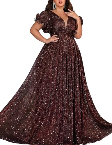 VOUIAO Women Plus Size Formal Dresses Wedding Guest Prom Dress Rose L | V Neck,Elegant Summer Chiffon Long Bridesmaid Dress,Glitter Curvy Evening Party Cocktail Mother of the Bride Gala Maxi Gown