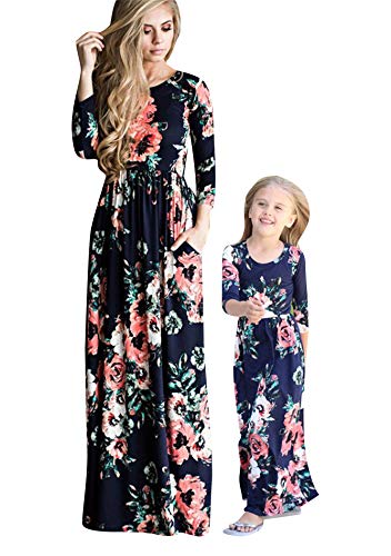 FLITAY Women's Loose Casual Matching Maxi Dress Striped Mommy and Me Dress Floral Blue Long Sleeve 7-8
