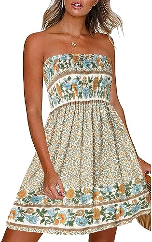 Women’s Summer Dresses Beach Cover ups Casual Vocation Strapless Boho Floral Swing Sundress (Flower Green,S)