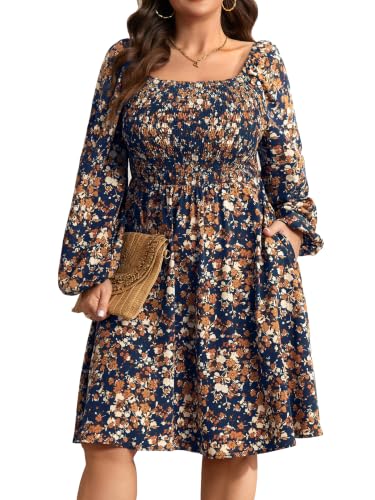 RWJ Plus Size Floral Wedding Dress Casual Short Dresses Navy Blue Floral L