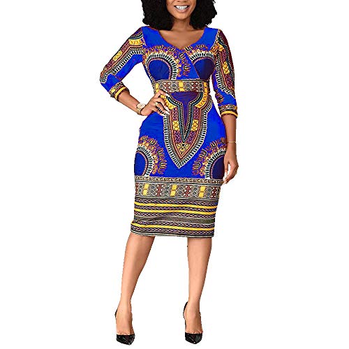 VERWIN Mid-Calf V Neck Three Quarter Sleeve Print Women's Bodycon Dress African Midi Dress (Medium, Blue)