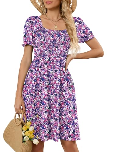 Naggoo Womens Short Sleeve Vacation Dress Square Neck Smocked Floral Printed A Line Boho Summer Dresses with Pockets Purple Flower S