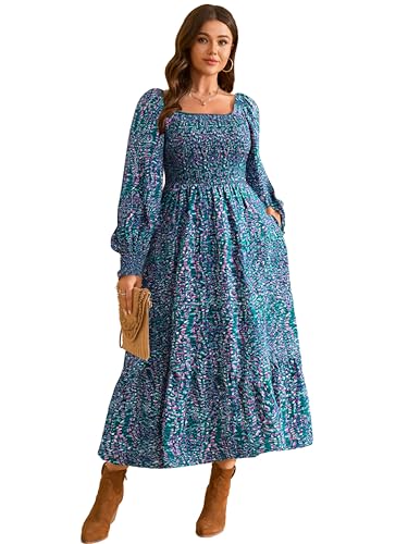 Womens Plus Size Maxi Dress Floral Boho Smocked Casual Fall Dresses L