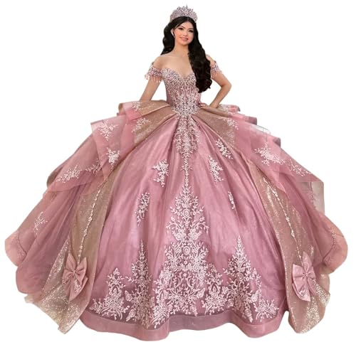 Mauuwy Dusty Rose Layered Quinceanera Dresses with Tassels Size 14