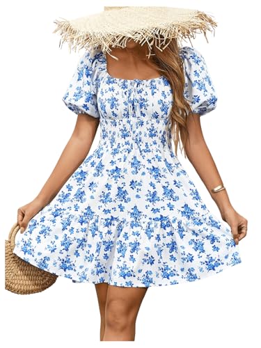 Floerns Women's Boho Square Neck Puff Short Sleeve Self Tie Front A Line Dress Blue XS