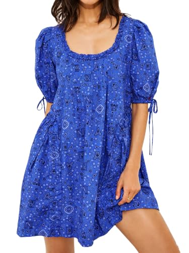 YINNAGOO Womens Summer Cute Polka Dot Loose Fit Short Sleeve Babydoll Mini Dresses (Blue, M)