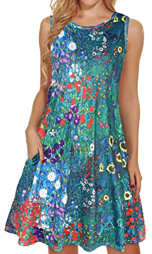 Women's Summer Dresses Sleeveless Floral Sundress, Garden Blue Floral, L