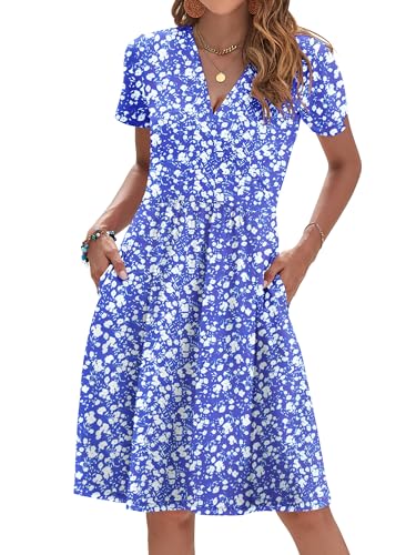 AUSELILY Floral Dress for Women Summer V Neck Wrap, Blue White Flower M | A line shape with short sleeves, Vacation dress for sightseeing, Pair slingbacks with a handbag