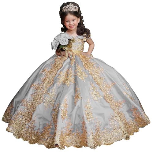 Wcyzvc Silver Satin Flower Girl Dresses Gorgeous Gold Applique First