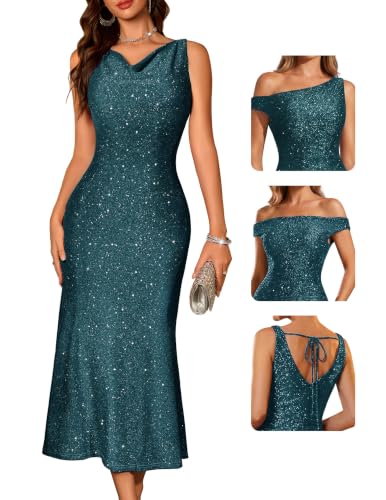 BeryLove Formal Bodycon Sequin Wedding Bridesmaid Dresses 0035 Dustyblue L | Cowl Neck Wedding Cocktail Evening Party Tie Back Sparkly Sexy Long Sleeveless Bridesmaid Night Event Formal Gown