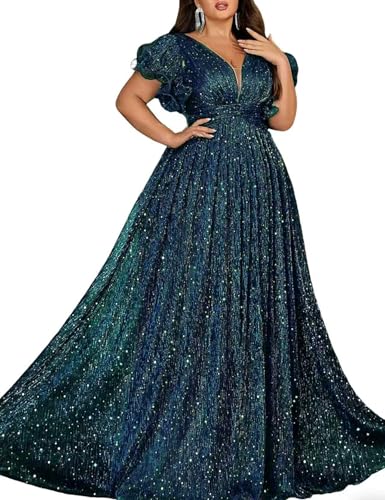 VOUIAO Women Plus Size Formal dresses Wedding Guest Prom Dress Green L | V Neck,Elegant Summer Chiffon Long Bridesmaid Dress,Glitter Curvy Evening Party Cocktail Mother of the Bride Gala Maxi Gown