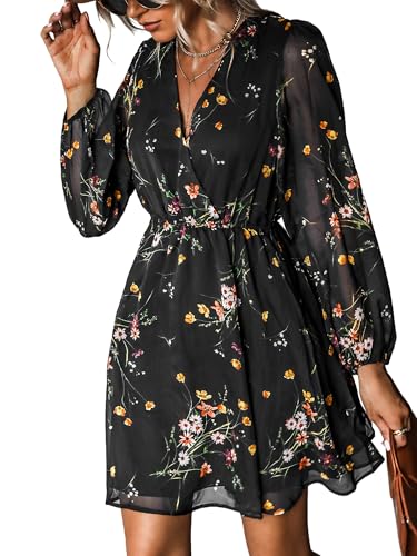 CUPSHE Womens Floral Mini Dress Long Sleeve Flowy Dresses Black/Yellow, S
