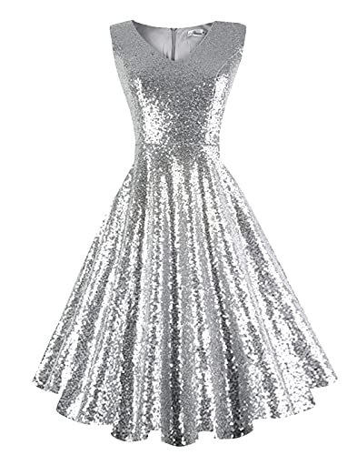 Dressever Women's 50s 60s Vintage Sleeveless Dress Sequins Silver 3X