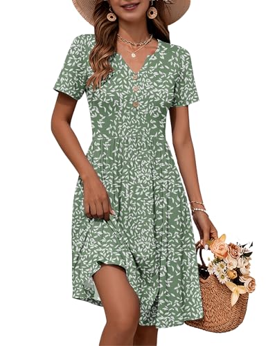 WNEEDU Women V Neck Button Down Summer Dress with Pockets,Flyleaf Olive,L