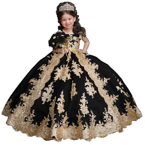 Wcyzvc Gold Applique Satin Flower Girl Dresses for Wedding Beaded Black