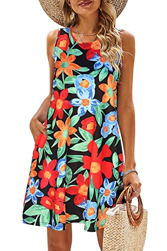SimpleFun Casual Aline Dresses for Women Summer Sleeveless Floral Sundresses Casual Loose Resort Wear Dress Black,M