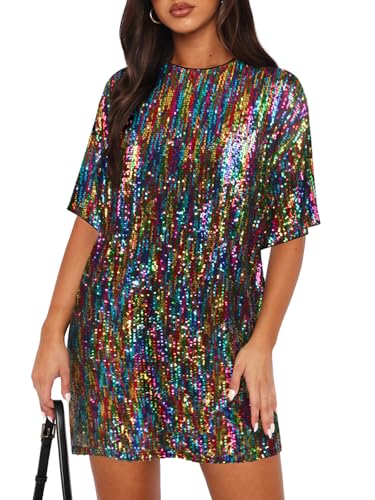 MIYIEONZ Short Sparkly Dresses for Women Sexy Sequin Shirt Dress Black (with Multicolor) S