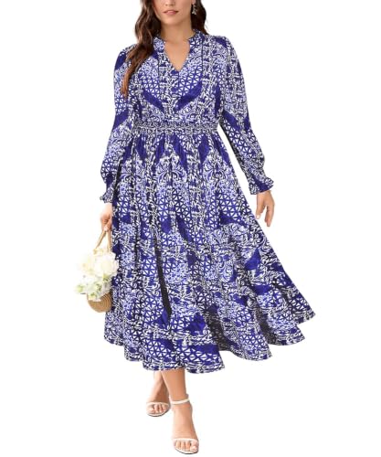 RITERA Plus Size Women's Blue Floral Maxi Dress 2025 Fall Long Sleeve V Neck Casual A Line Long Flowy Boho Party Flattering Dresses with Pocket 4XL 26W