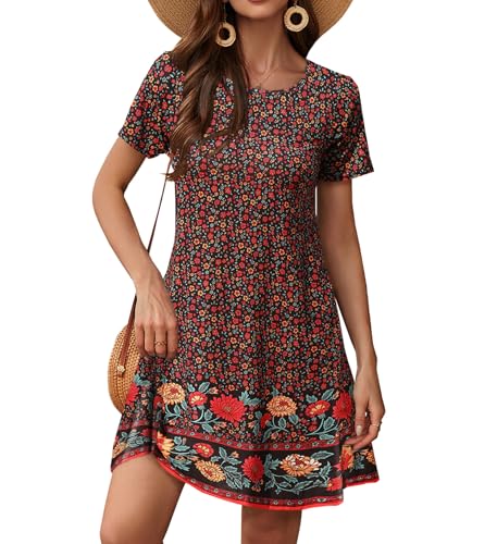 Sherosa Beach Sun Dresses Women Summer Casual Wedding A Line Tshirt Dress Knee Length(XL,Short Sleeve Black Flower)