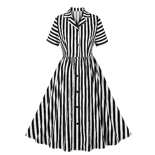 Striped 1950s Vintage Dresses for Women 50s Audrey Hepburn Rockabilly Swing Dress Notched Lapel Retro 50's 60's Cocktail Tea Party Outfit Flare A-Line Wedding Prom Gown Black White XL