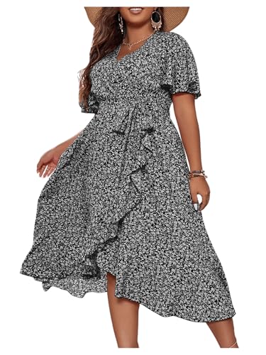 Floerns Women's Plus Size Boho Flutter Short Sleeve Ruffle Hem A Line Midi Dress Black and White 2XL